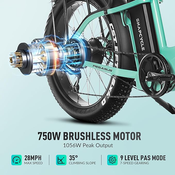 Pegasus Electric Fat Tire Bike for Adults – 750W Motor, 48V 15Ah Battery with Samsung Cells, 26" Tires, Stylish Tiffany Blue, Shimano 7-Speed, Front Suspension, LCD Display