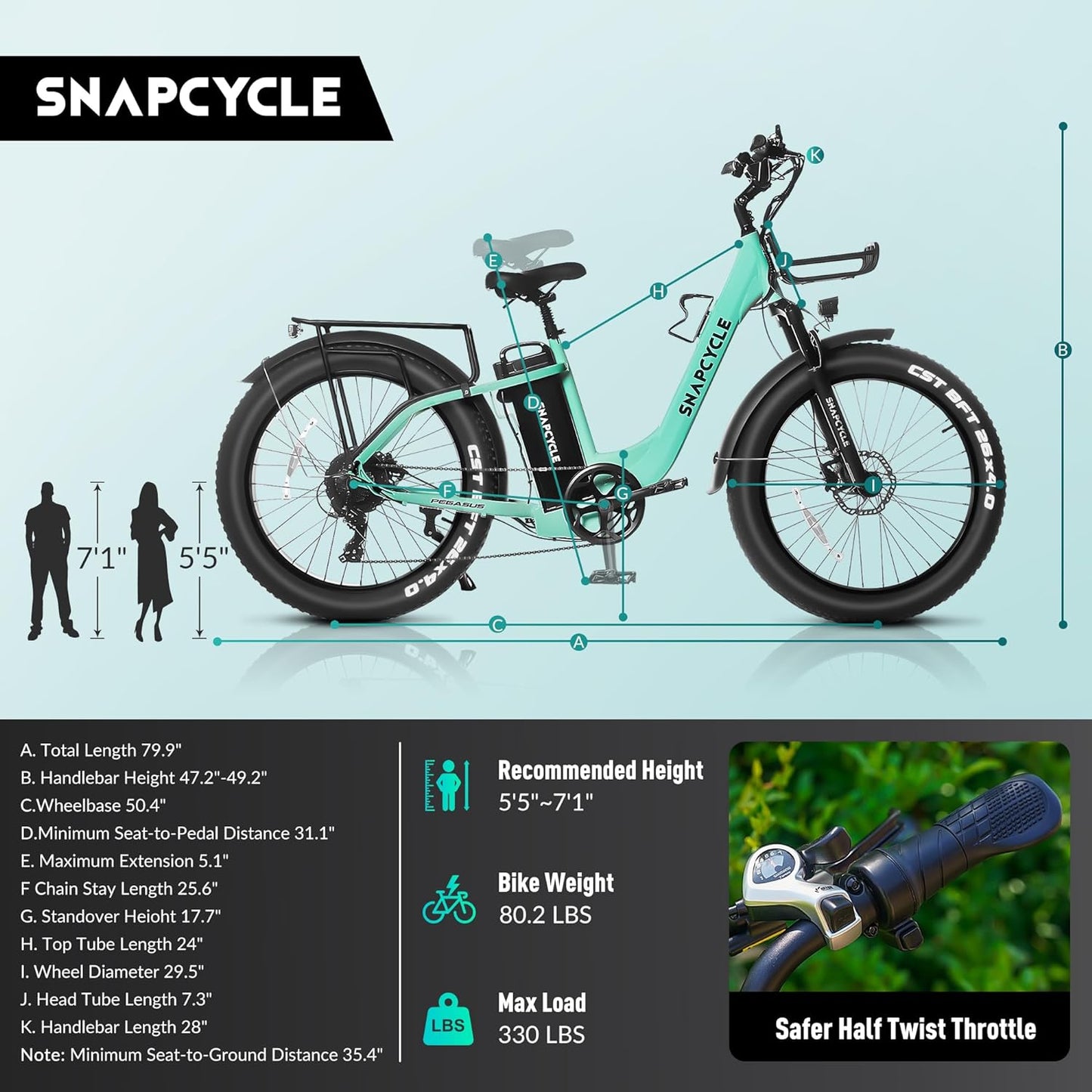 Pegasus Electric Fat Tire Bike for Adults – 750W Motor, 48V 15Ah Battery with Samsung Cells, 26" Tires, Stylish Tiffany Blue, Shimano 7-Speed, Front Suspension, LCD Display