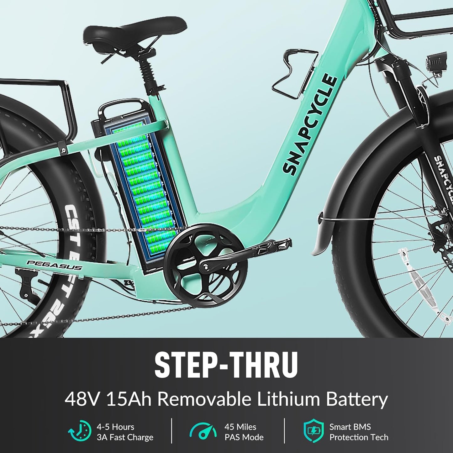 Pegasus Electric Fat Tire Bike for Adults – 750W Motor, 48V 15Ah Battery with Samsung Cells, 26" Tires, Stylish Tiffany Blue, Shimano 7-Speed, Front Suspension, LCD Display