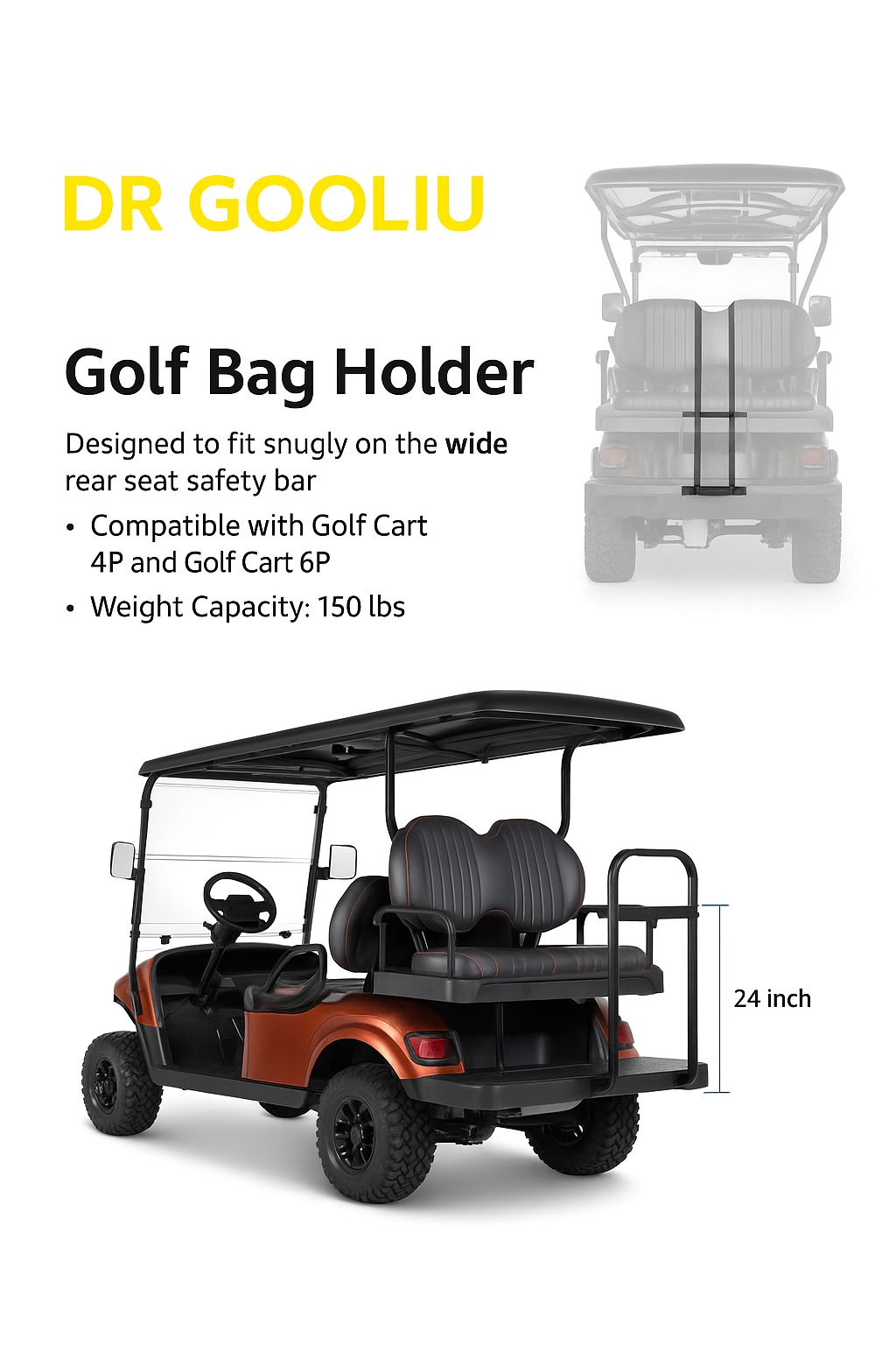 Dr. Gooliu Upgraded Golf Cart Rear Seat Golf Bag Holder Universal Compatible with EZGO/Club Car/Yamaha/Kandi/Coleman, Golf Cart Rear Seat Golf Bag Rack, Better Fixation/Space-Saving/No Drilling Required/Rust-Proof, Holds Up to 150 lbs.