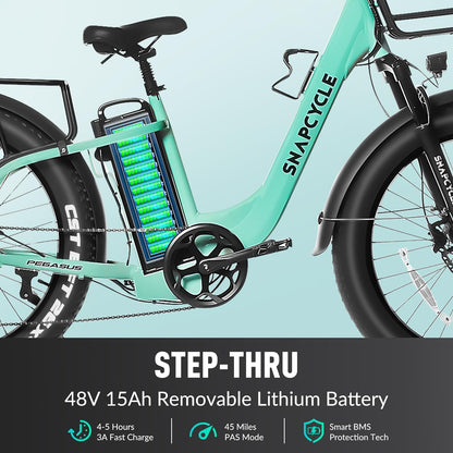 Pegasus Electric Fat Tire Bike for Adults – 750W Motor, 48V 15Ah Battery with Samsung Cells, 26" Tires, Stylish Tiffany Blue, Shimano 7-Speed, Front Suspension, LCD Display