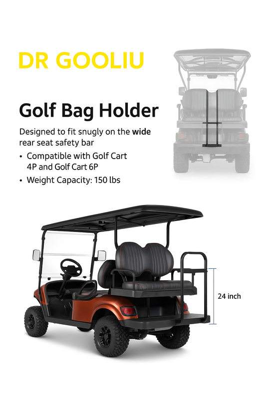 Dr. Gooliu Upgraded Golf Cart Rear Seat Golf Bag Holder Universal Compatible with EZGO/Club Car/Yamaha/Kandi/Coleman, Golf Cart Rear Seat Golf Bag Rack, Better Fixation/Space-Saving/No Drilling Required/Rust-Proof, Holds Up to 150 lbs.